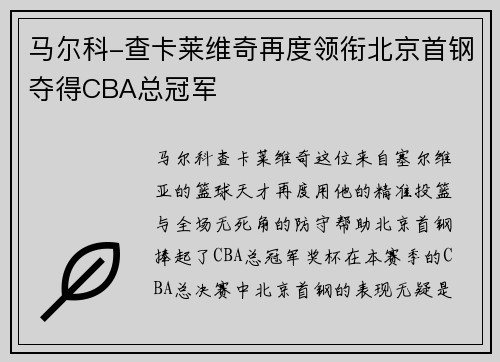 马尔科-查卡莱维奇再度领衔北京首钢夺得CBA总冠军