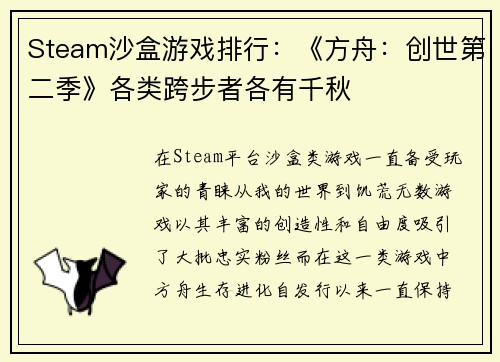 Steam沙盒游戏排行：《方舟：创世第二季》各类跨步者各有千秋