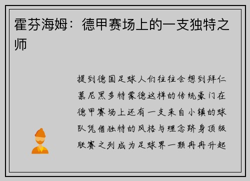霍芬海姆：德甲赛场上的一支独特之师