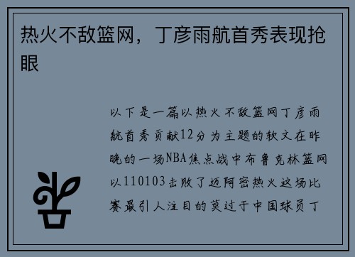 热火不敌篮网，丁彦雨航首秀表现抢眼