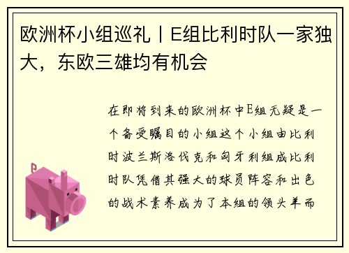 欧洲杯小组巡礼丨E组比利时队一家独大，东欧三雄均有机会