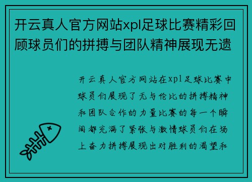 开云真人官方网站xpl足球比赛精彩回顾球员们的拼搏与团队精神展现无遗